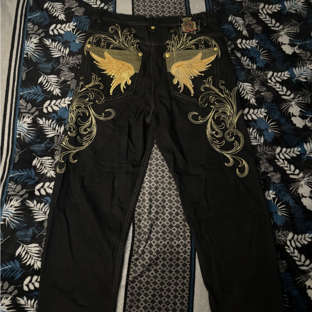 Black Jeans with Gold Wing Embroidery